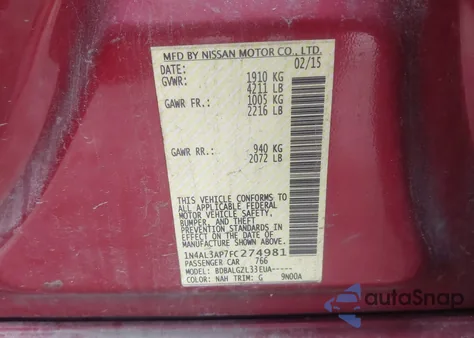 2015 Nissan Altima 2.5/2.5 S/2.5 Sl/2.5 Sv from USA, damaged, VIN 1N4AL3AP7FC274981